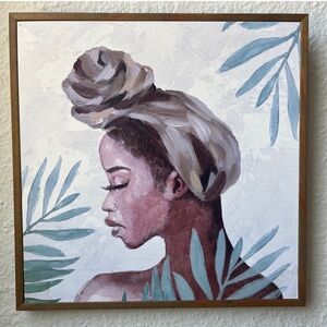 Framed Wall Art Portrait Black Woman Head Wrap Botanical Leaves Size 11.5”x11.5”